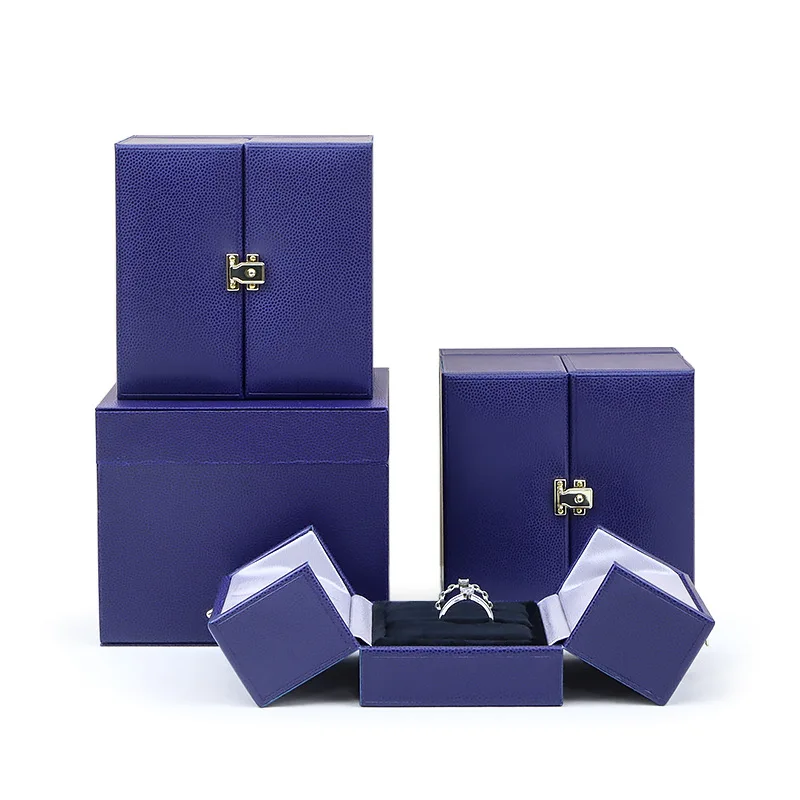 Customizable LOGO Elegant Blue Double Door Jewelry Case Ring Pendant Bracelet Propose Gift Packaging Box Branding Anniversary view 3