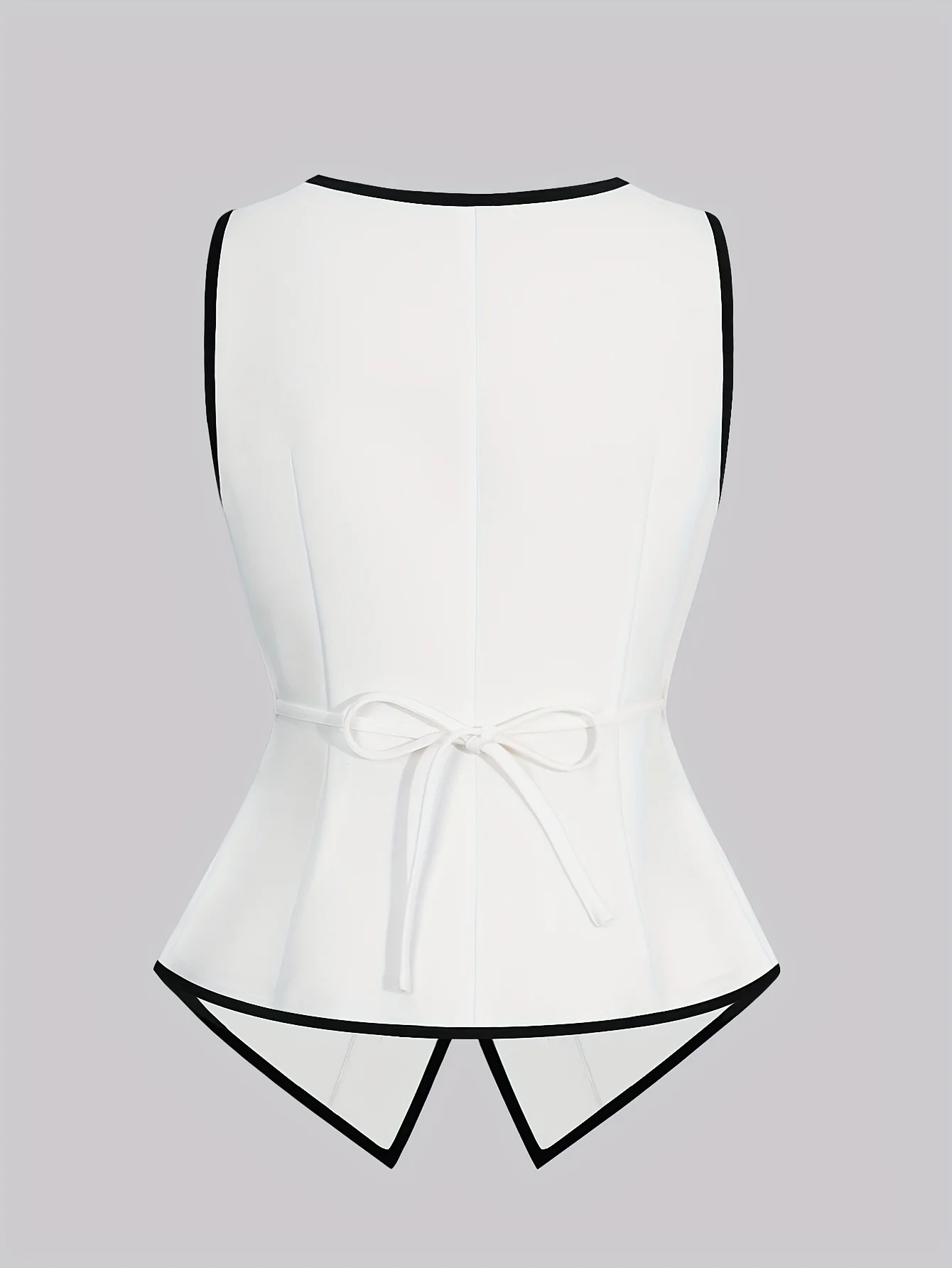 Women's Elegant Black Trim White Waistcoat | Round Neck Sleeveless Button Down Top with Back Tie Waist, Tailored Slim Fit Blazer