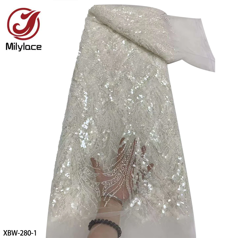 

African Groom Sequins Lace Fabric High Quality Beads Embroidery French Tulle Lace for Wedding Dress XBW-280