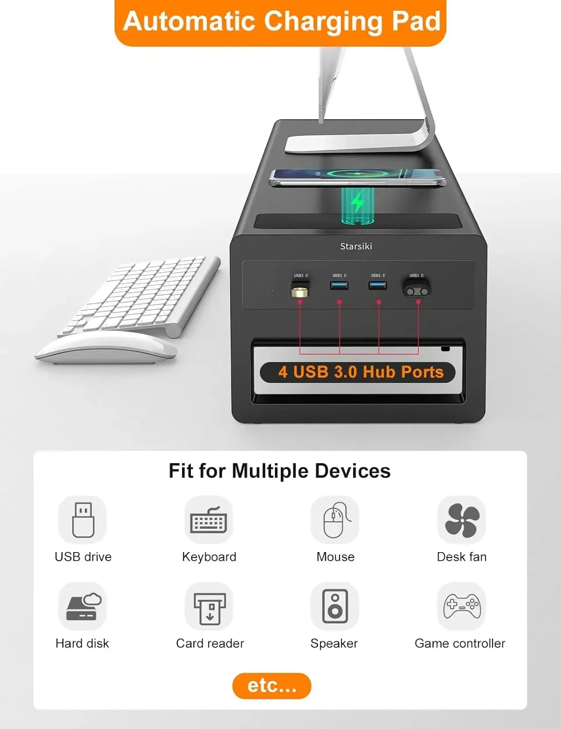 2 Tiers Dual Monitor Stand with Auto Charging Pad, 4 USB 3.0 Hub Ports, Double Monitor Riser, Metal Desk Stand with Storage, Lon
