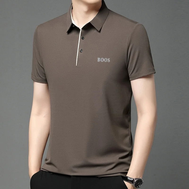 Freizeit-Herren-Kurzarm-Poloshirt mit Revers-Knopfleiste, Einfarbig mit Schriftzug, Bequemes Atmungsaktives Trendiges Herren-T-Shirt – Detail 19