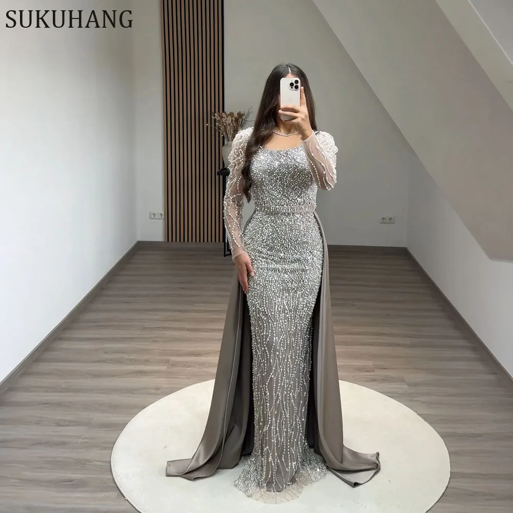 Sukuhang luxo árabe tira frisado vestido de noite com manga longa dubai feminino vestidos de festa de casamento personalizado
