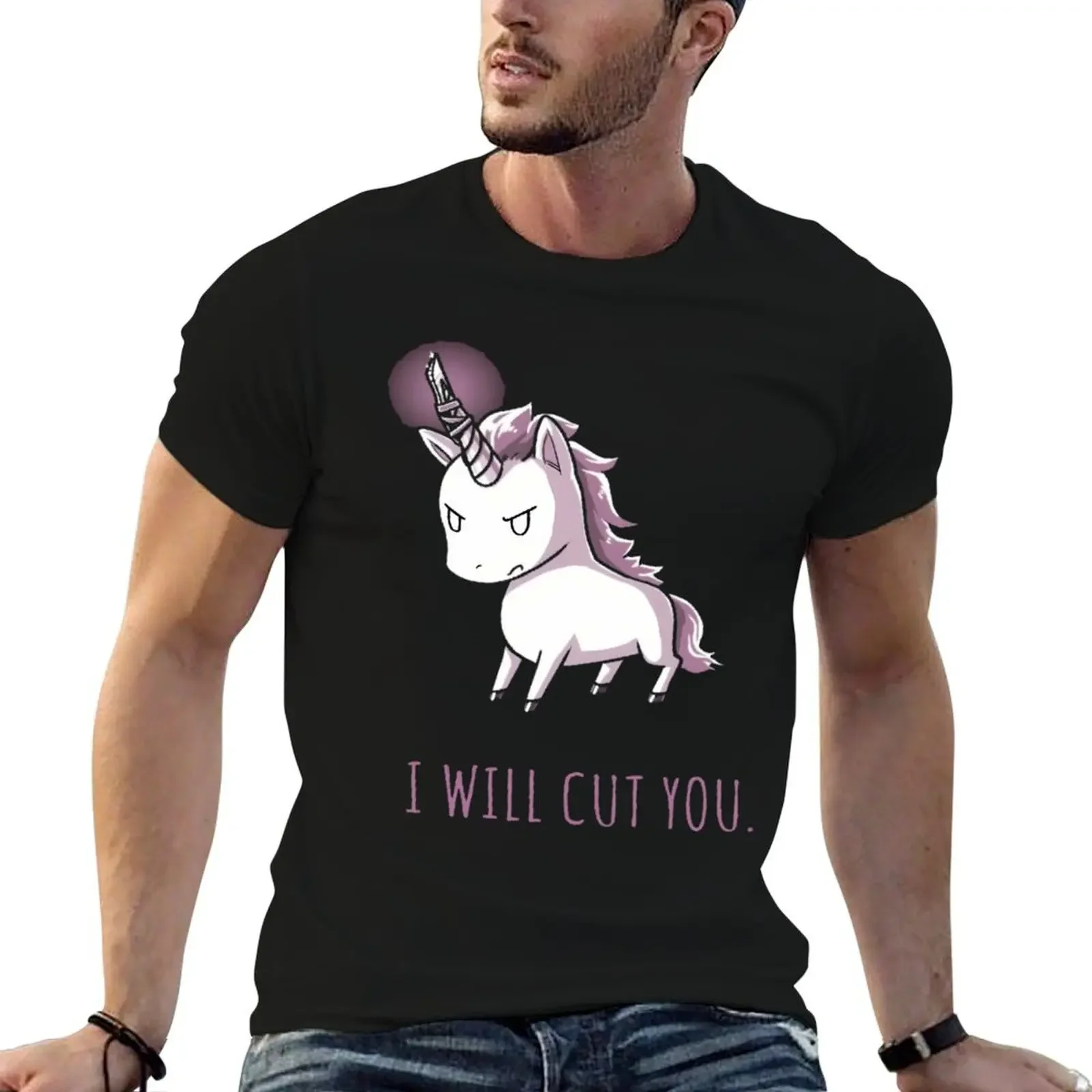 I WILL CUT YOU Quote Cute Unicorn light T-Shirt vintage t shirts Short sleeve tee tees vintage t shirt men