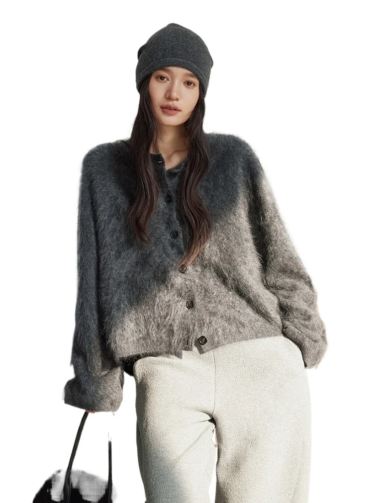 Du home spinning pure cashmere _ imported washed brushed process round neck loose short cardigan top