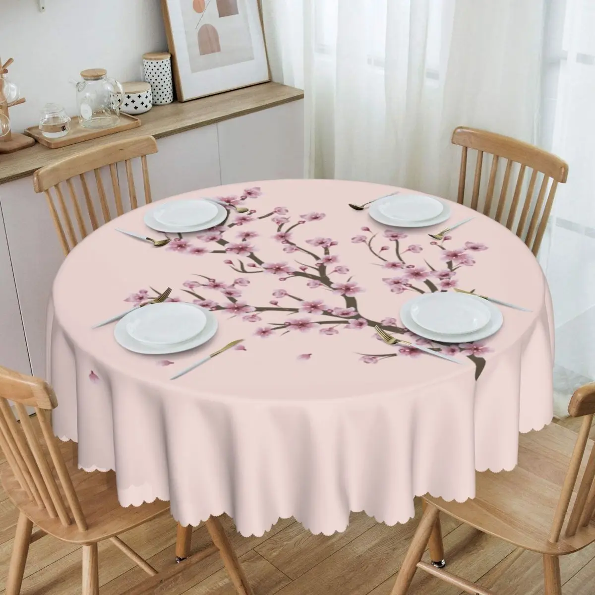 Blooming Sakura Branch Tablecloth Round Waterproof Cherry Blossom Japanese Flower Table Cover Cloth for Party 60 inch