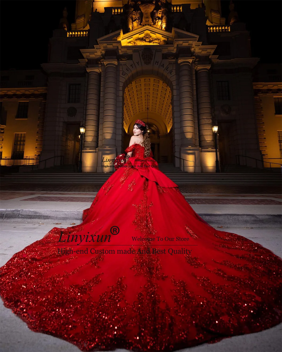 ชุดเดรส Quinceanera แวววาวสีแดงชุดไปงานเต้นรำปักเลื่อมลูกไม้ชุดเดรส16แสนหวานพร้อมเสื้อคลุมวันเกิดเม็กซิกันเดรส15 años