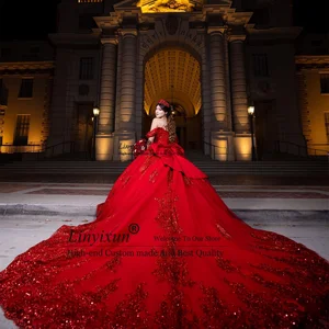 Quinne Red rotes Ballkleid mit Abdeckung, Paillettenspitzenapplikationen, süß 16 mit Cover, mexikanisches Geburtstagskleid, 15 -jährige Mädchen 12 Hauptverkaufskleider 15 Jahre rot - №5
