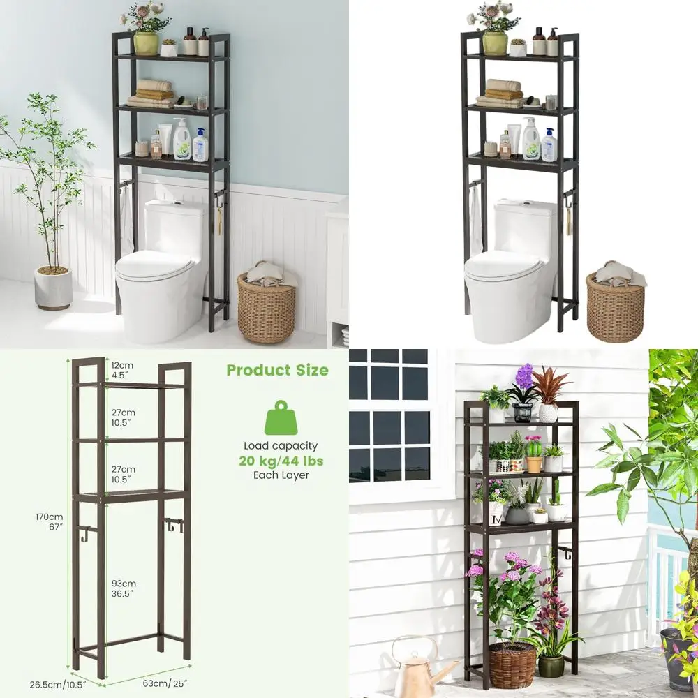 

3-уровневый металлический стеллаж для хранения в ванной комнате с крючками, регулируемый и предотвращающий опрокидывание, компактный органайзер для унитаза для домашнего использования