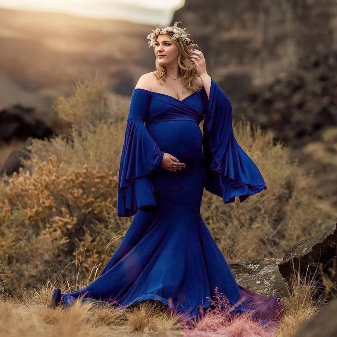 Maternity Photography Props Maternity Gown Photo Shoot Sexy Boho Shoulderless Bell Sleeves Maxi Long Dress Pregnancy Mermaid