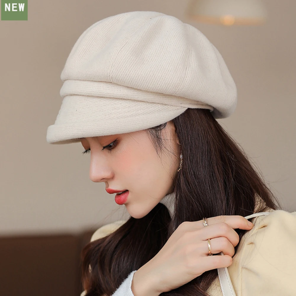 HT4270 Berets Women Solid Plain Autumn Winter Hat Ladies Vintage Artist Painter Beret Hat Female Roll Brim Octagonal  Cap