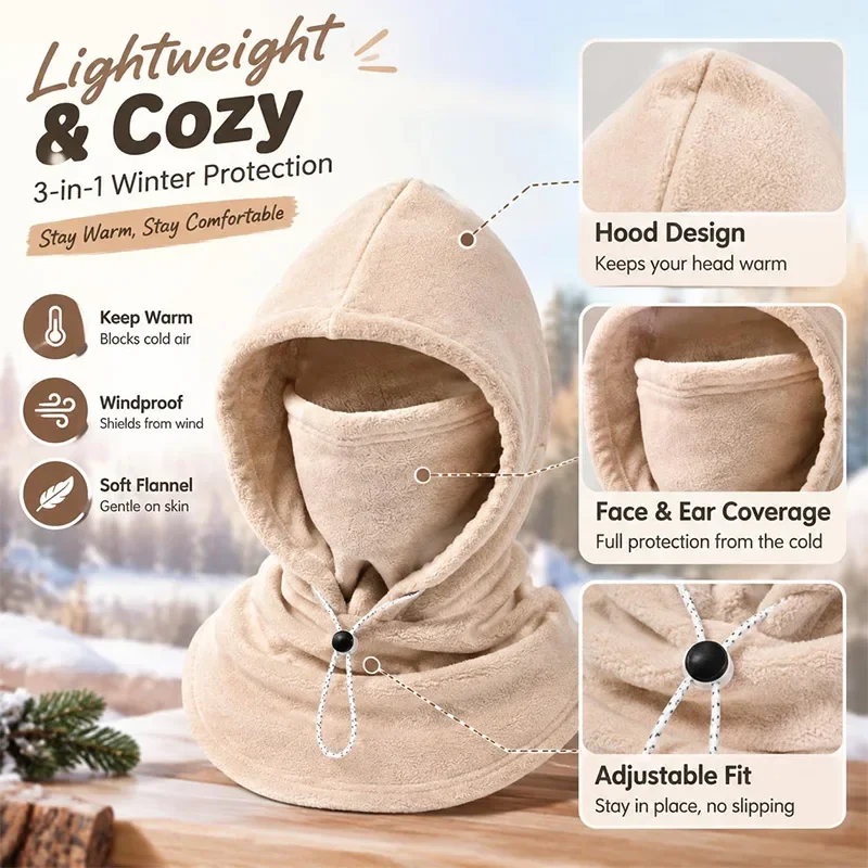 3-in-1 Fleece Double‑layer Integrated Hat Windproof Warm Winter Flannel Warm Mask Hat Balaclava Hood Fleece Lined 360 Full Cover