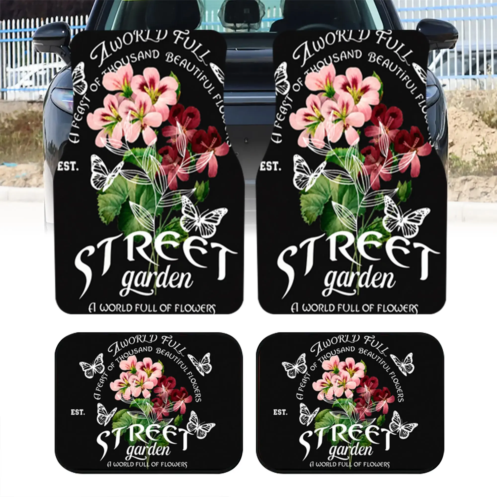 2pcs/4pcs Street Garden Floral Butterfly Print Car Floor Mats, Trendy Botanical Art Interior Decor, Universal Fit Auto Ground Pa