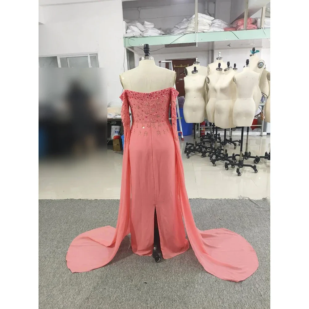 Customized Luxury Watermelon Red Sequined Beading Off The Shoulder Ribbons Woman Formal Wedding Guest Evening Prom Dresses Cockt