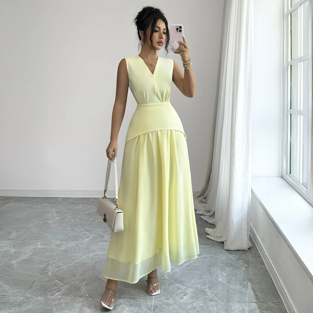 Elegant V-neck High-waisted Asymmetrical Dress For Women, Spring/summer 2026 Women's Casual Dresses Luxury Outfits Beach Robe