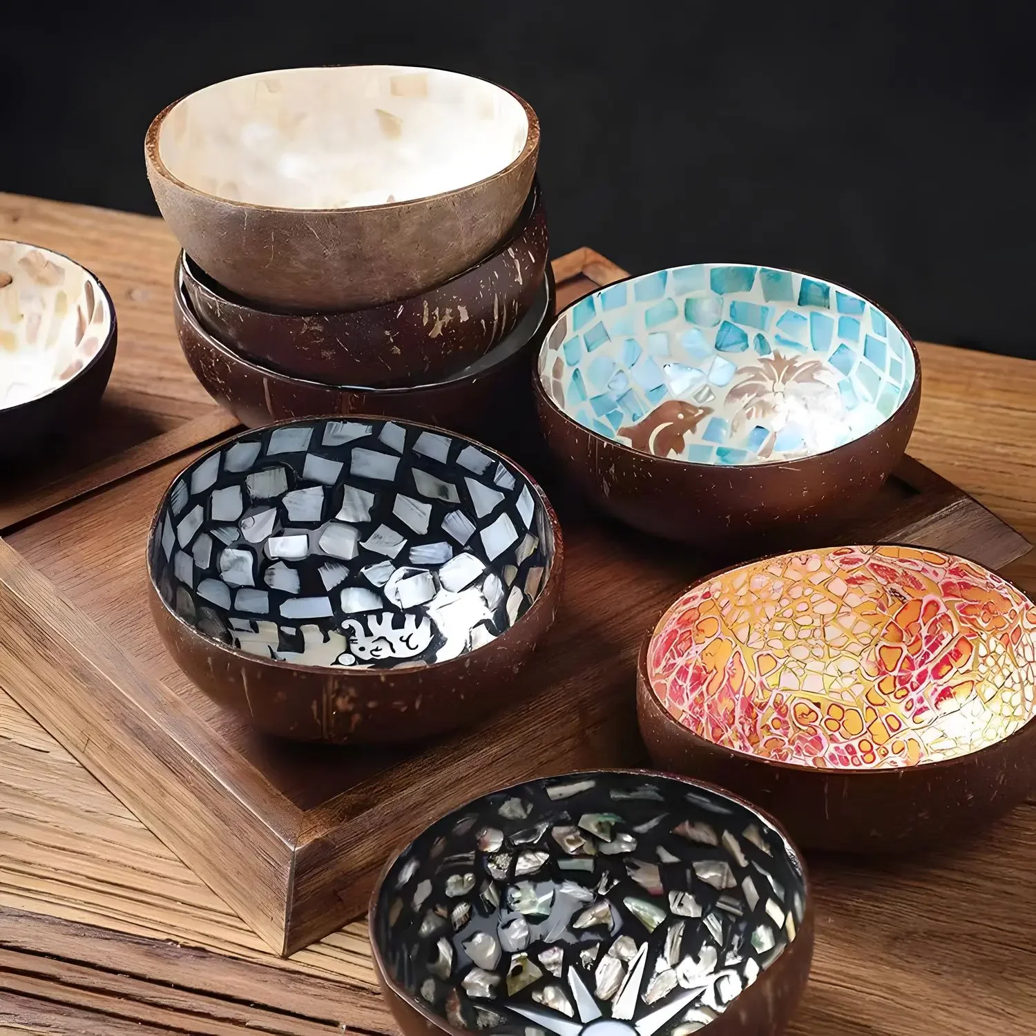 Handmade Alien Coconut Shell Bowl Inlaid Shells Wood Bowl Storage Salad Bowl Foyer Key Storage Tray Home Decoration