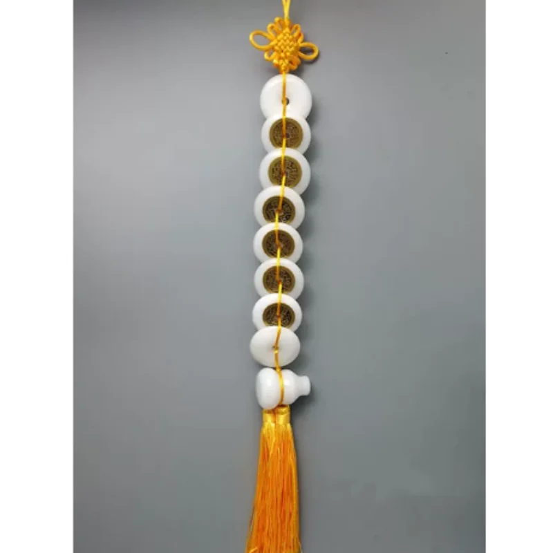 Vintage Jade Carved Gourd & Six Emperor Decor Coins Safety Buckle Hanging Ornament - Home Feng Shui Auspicious Decor Craft