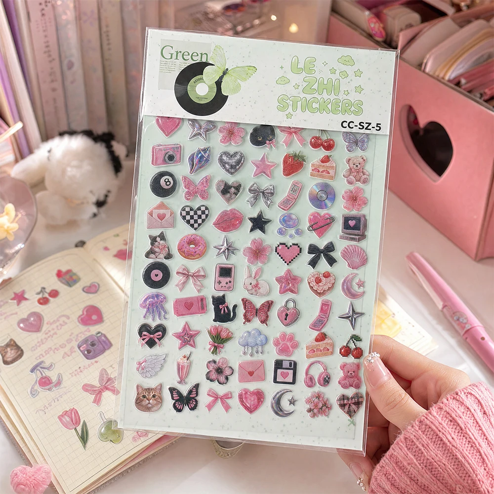 LEZHI Y2K Retro Sticker Sheet Puffy Embossed Butterfly Pixel Heart Decals For Journaling Scrapbooking Diary Decoration Gift