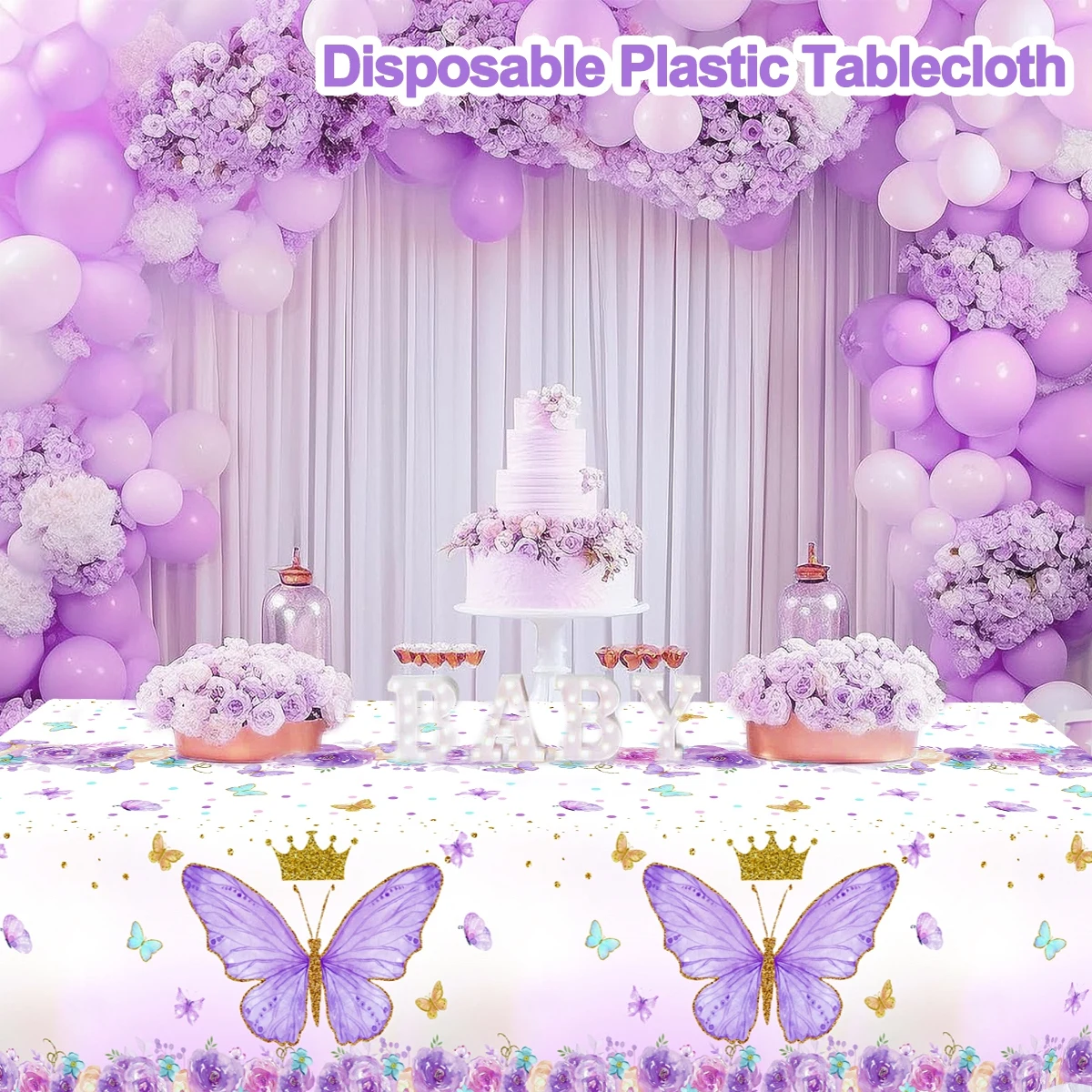 1 قطعة مفرش طاولة على شكل فراشة أرجوانية غطاء طاولة بلاستيكي مع تاج وزهور للمطبخ والمنزل والصيف والربيع ديكو داخلي/خارجي