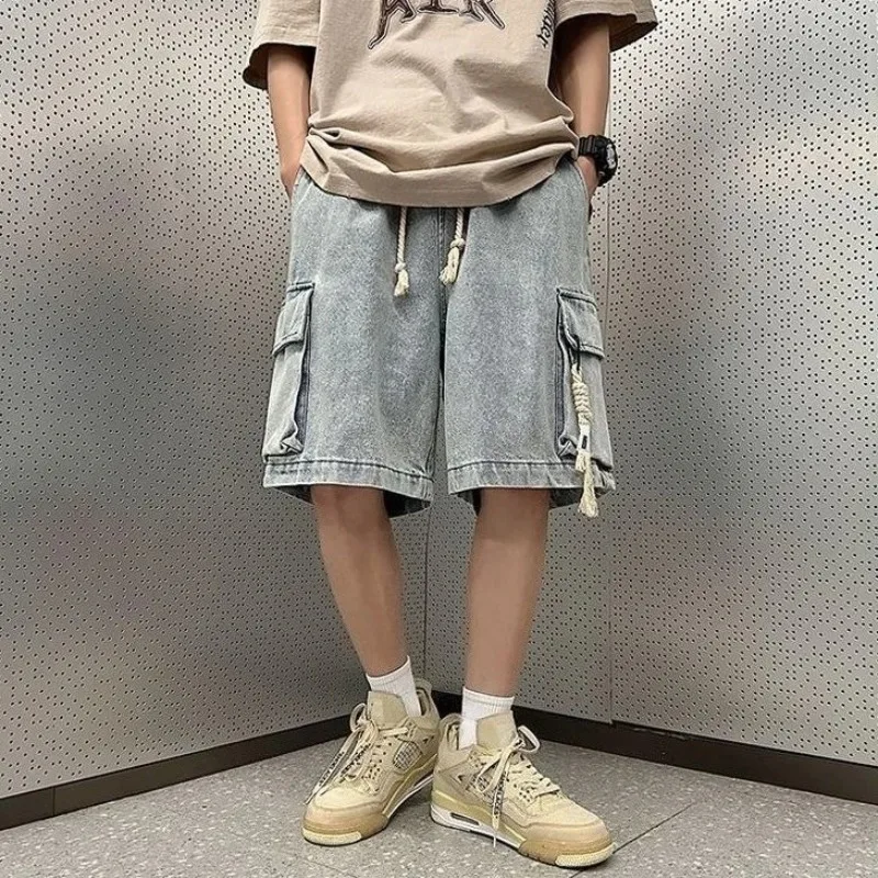 

Men's Loose Fit Cargo Pocket Denim Shorts Summer Thin Fabric High Street Vintage Five Point Shorts