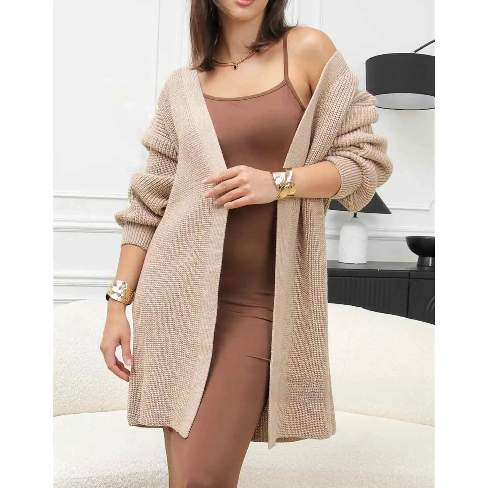 Women's Polyester Solid Color V-Neck Knit Cardigan Loose Mid-Length Casual Sweater for Vacation Beach Yoga Use
