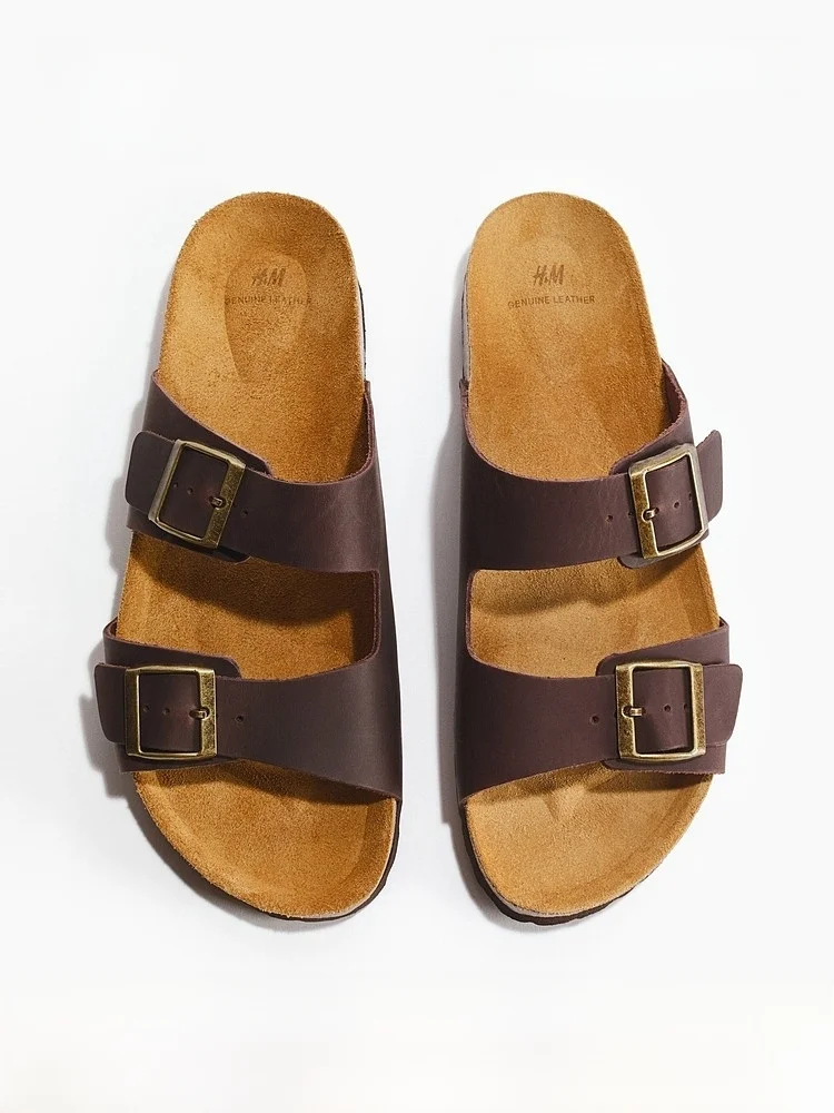 

H&M Men's Leather Sandals Summer New Style 1317248 Comfortable Casual Slip-On Shoes Cowhide Material Fashionable Footwear