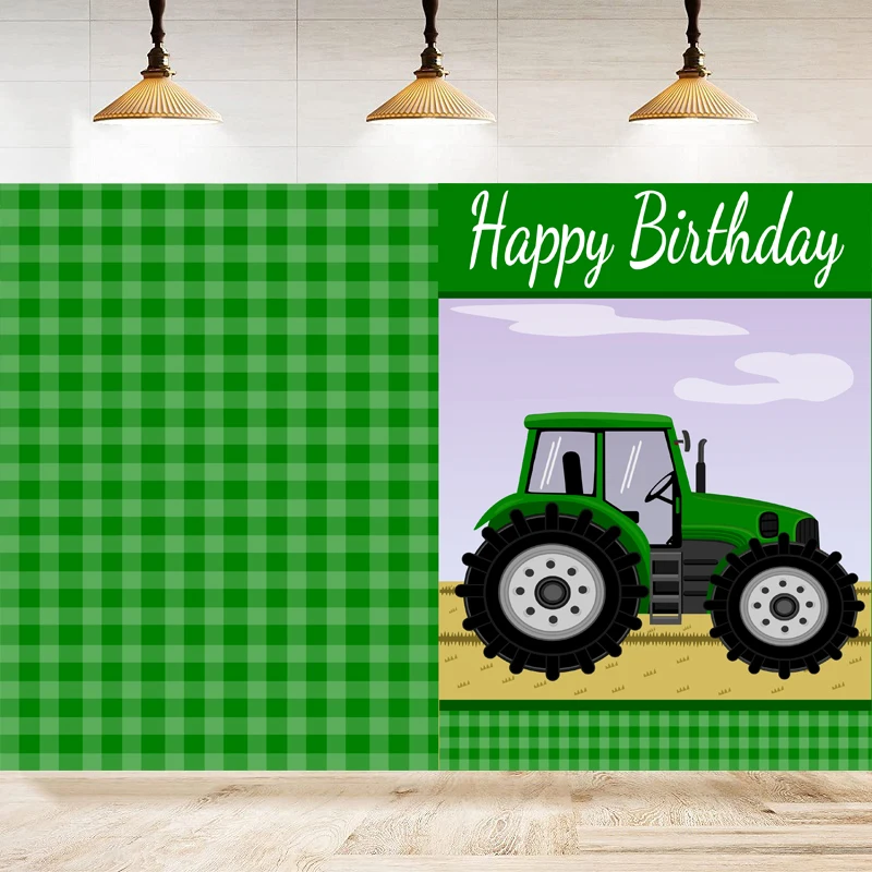 Photography Backdrop Green Tractor Green Flag Grassland Harvest Wheat Gear Birthday Background Kids Decor Banner
