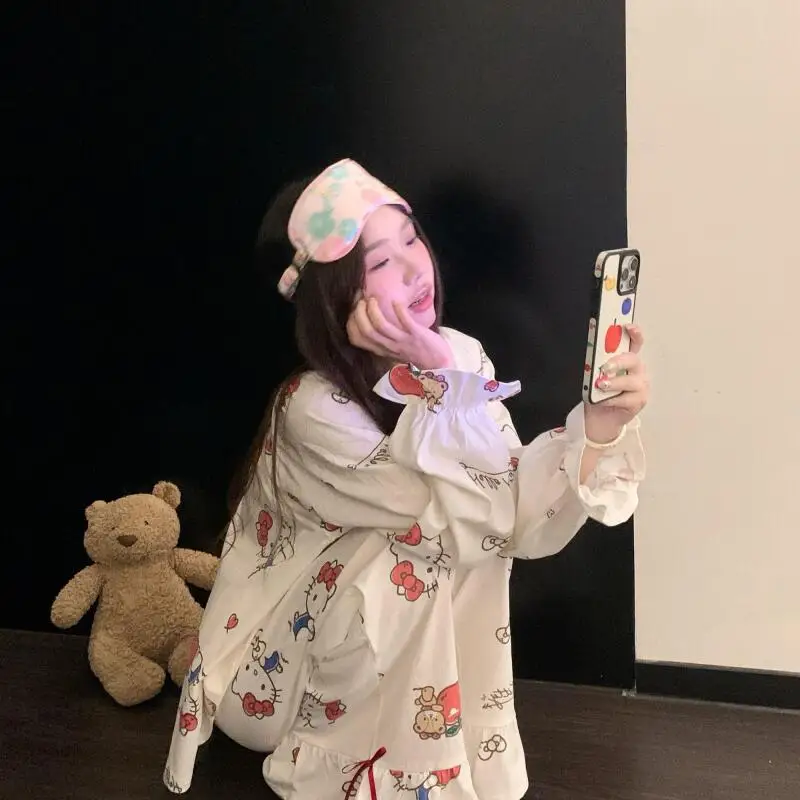 بيجامة سانريو بيجامات هالو كيتي للسيدات للربيع والخريف جديدة من الحرير الجليدي بأكمام طويلة طقم ملابس منزلية للطلاب للصيف