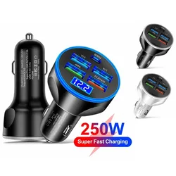 Car 250W Phone Charger 6 Ports Fast Charging PD QC3.0 USB C Car Phone Charger Type C Adapter in Car For iPhone 15 Samsung Huawei