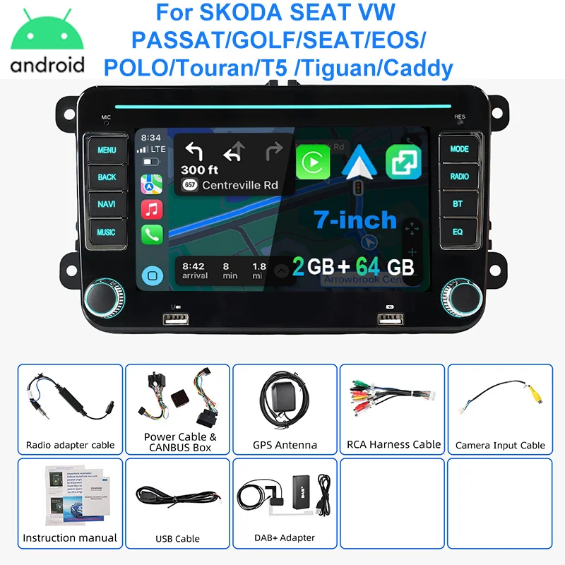 Autoradio ESSGOO Android 15 7 Inch voor VW Golf 5 6 Passat Polo 6R Touran Tiguan Caddy EOS Jetta Seat Skoda met Draadloze Carplay Android Auto GPS Navigatie RDS FM Bluetooth WIFI Stuurwielbediening