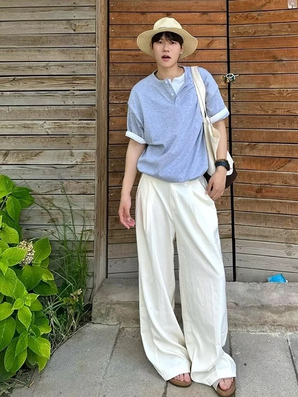 

plus Size 300 Pou Fake Two-Piece ort Sve T-irt Men's Summer Korean Sle Henry Collar Pure Cotton Top Youth Faion
