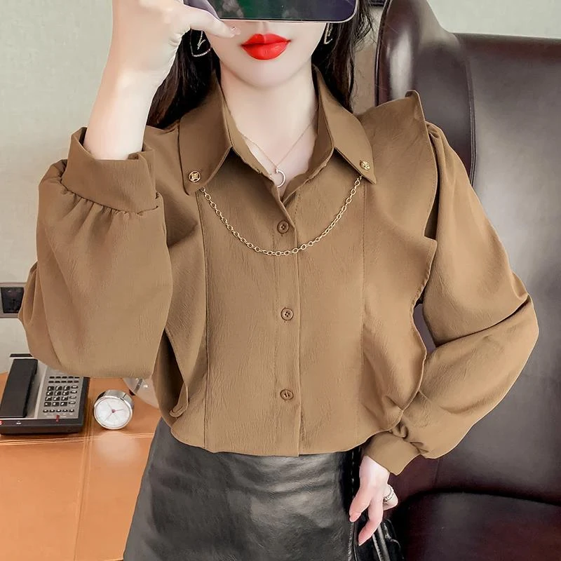 Spring Autumn Retro Korean Style Ruffles Elegant Chic Chain Women\'s Button Up Shirt Long Sleeve Office Ladies Blouse Tops Blusas