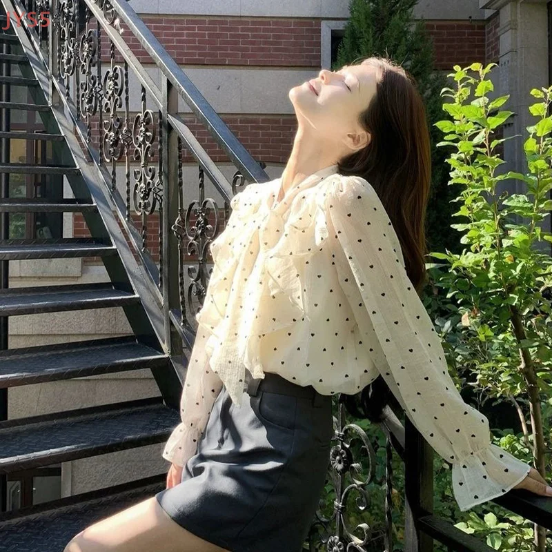 秋の新作トップス フレンチシフォンシャツ 気質漂う小さめシャツ おしゃれな水玉模様長袖シャツ