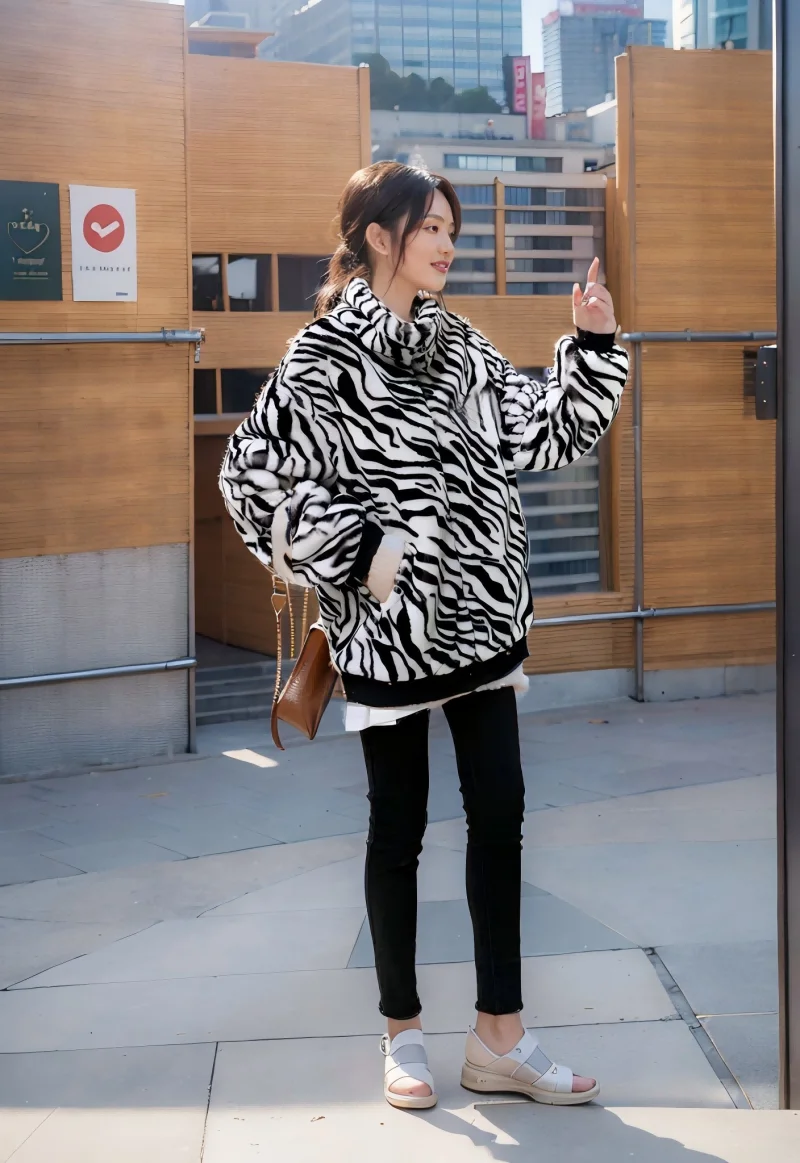 

Women's dress Winter sweate Big size new zebra fur coat standing collar imitation rabbit hair zipper women's thread clothes