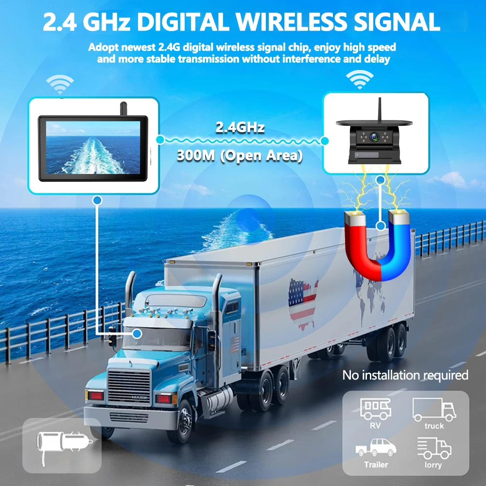 7 Inch Touch Monitor Truck Camper DVR Recorder RV Digital Wireless Backup Camera System With  2CH Wireless Solar Magnet Cameras