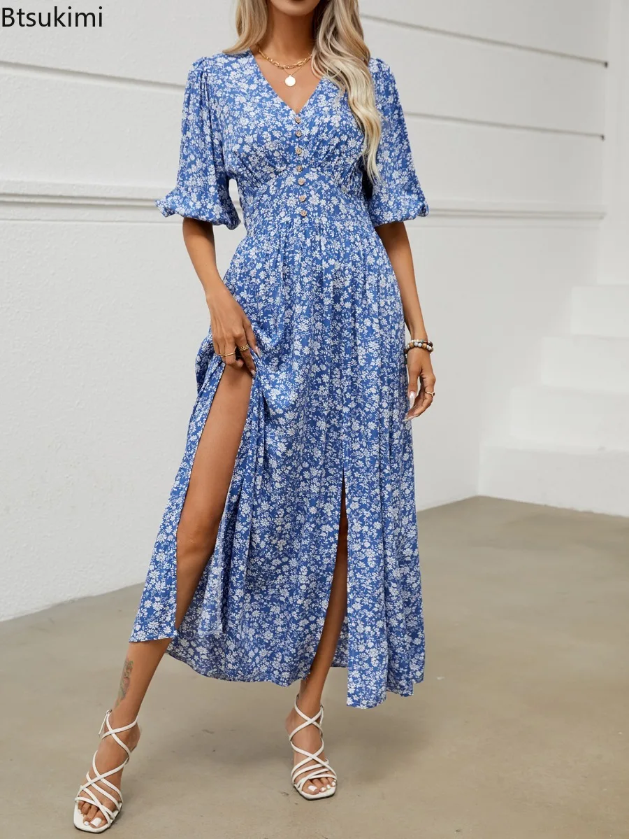 2024 Women's Summer Maxi Dress V Neck Hal Puff Sleeve Front Split Blue Elegant Boho Beach Holiday Party Beach Dresses Vestidos