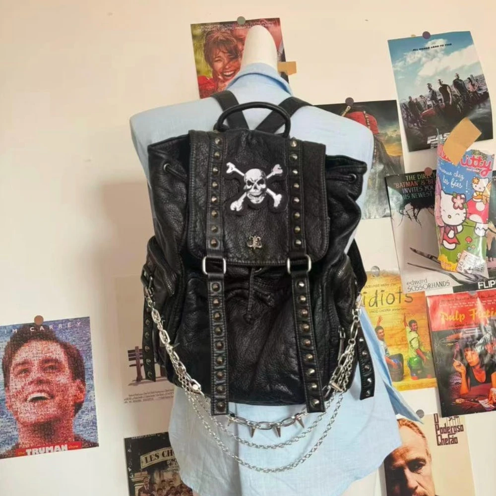 large-capacity-unisex-soft-leather-backpack-15inch-laptop-school-bag-goth-skull-chain-daily-black-backpack