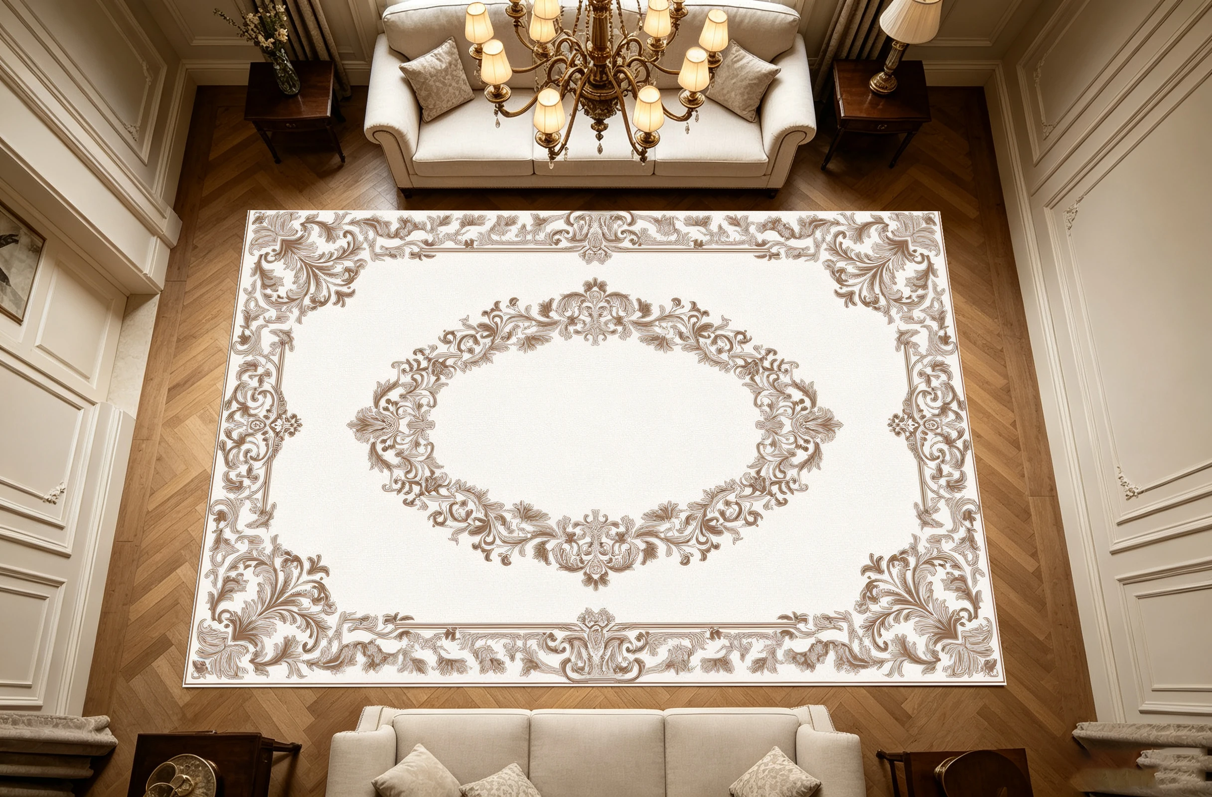 2D Beige and Coffee-Colored European Retro Carved Rug, Suitable for Living Room and Bedroom, Enhances the Space and Adds to Its Ambiance