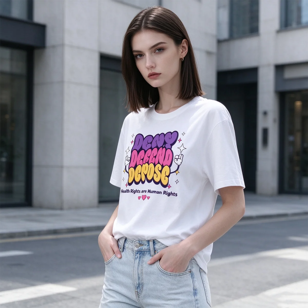 Deny Defend Depose Retro Bubble Letter Graphic T‑Shirt Health Rights Are Human Rights Print Crew Neck Short Sleeve Casual Wear