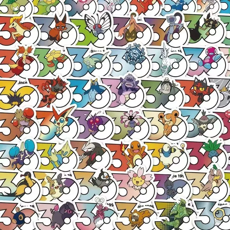 60pcs Pokemon 30th Anniversary Stickers Charmander Pikachu Bulbasaur Squirtle Anime Toys for Kids Scrapbook Journal Gift