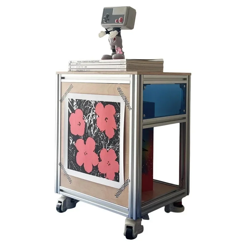 

aluminum profile coffee table on side of the movable sofa, decorative shelves on the side of the solid wood sofa