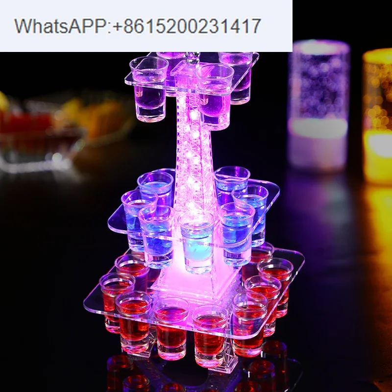 Portable 24 hole cocktail glass tower display stand, rechargeable LED glass service tray, LED wine glass holder