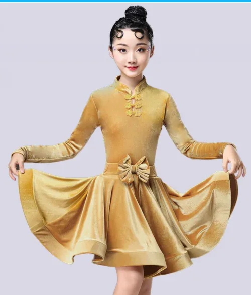 1pcs/ chinese style children autumn winter long sleeve latin dancing dress girl corduroy ballroom dancing dress