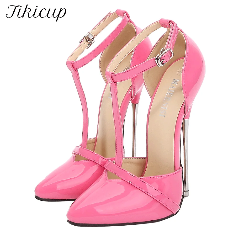 

Women Pumps 16cm Extreme Metal High Heels Black Pink Stilettos Pumps Sexy Fetish Ankle Strap Show Model Party SM Man Unisex Shoe