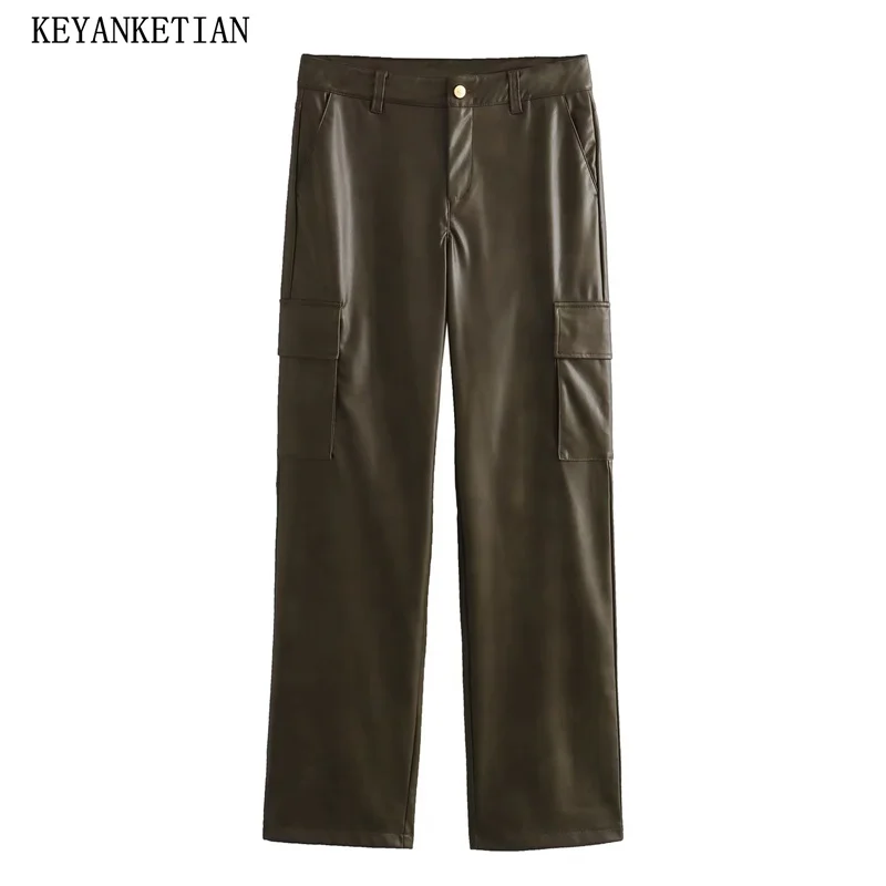 

Новинка осень/зима женские брюки KEYANKETIAN из искусственной кожи с карманами модные прямые брюки на молнии с завышенной талией