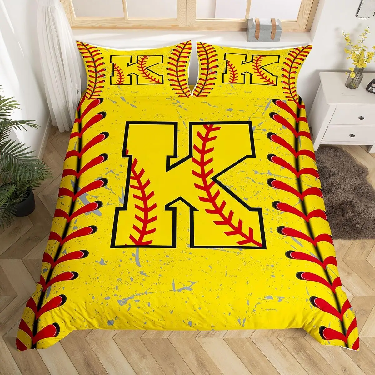 Baseball Theme Duvet Cover Full Initial Bedding Set Grunge Ball Game Yellow Comforter Cover Red Stitching Lines Print Bedclothes