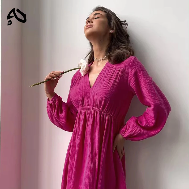 Original Elegant 100% Cotton Dress Long Sleeve V-Neck High Waist Evening Party Dress Women Robe Mori Girl White Midi Dresses
