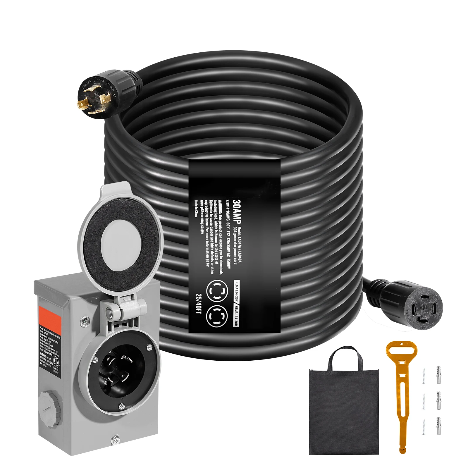SucceBuy 30 Amp Generator Cord and Power Inlet Box Kit NEMA L14-30P/L14-30R STW 10AWG Cord with Lock Connector for RV Outdoor