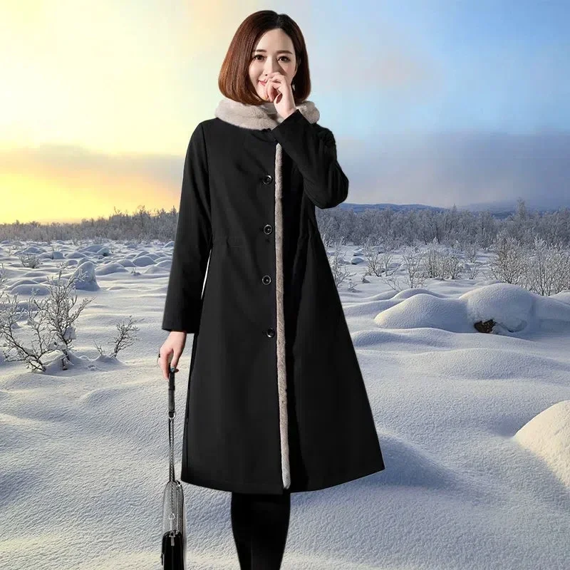 2024 Autumn Winter Snow Parkas 4XL Women's Long Coat Korean Loose Faux Mink Fur liner Faux fur Jacket Warm Hooded Overcoat F763