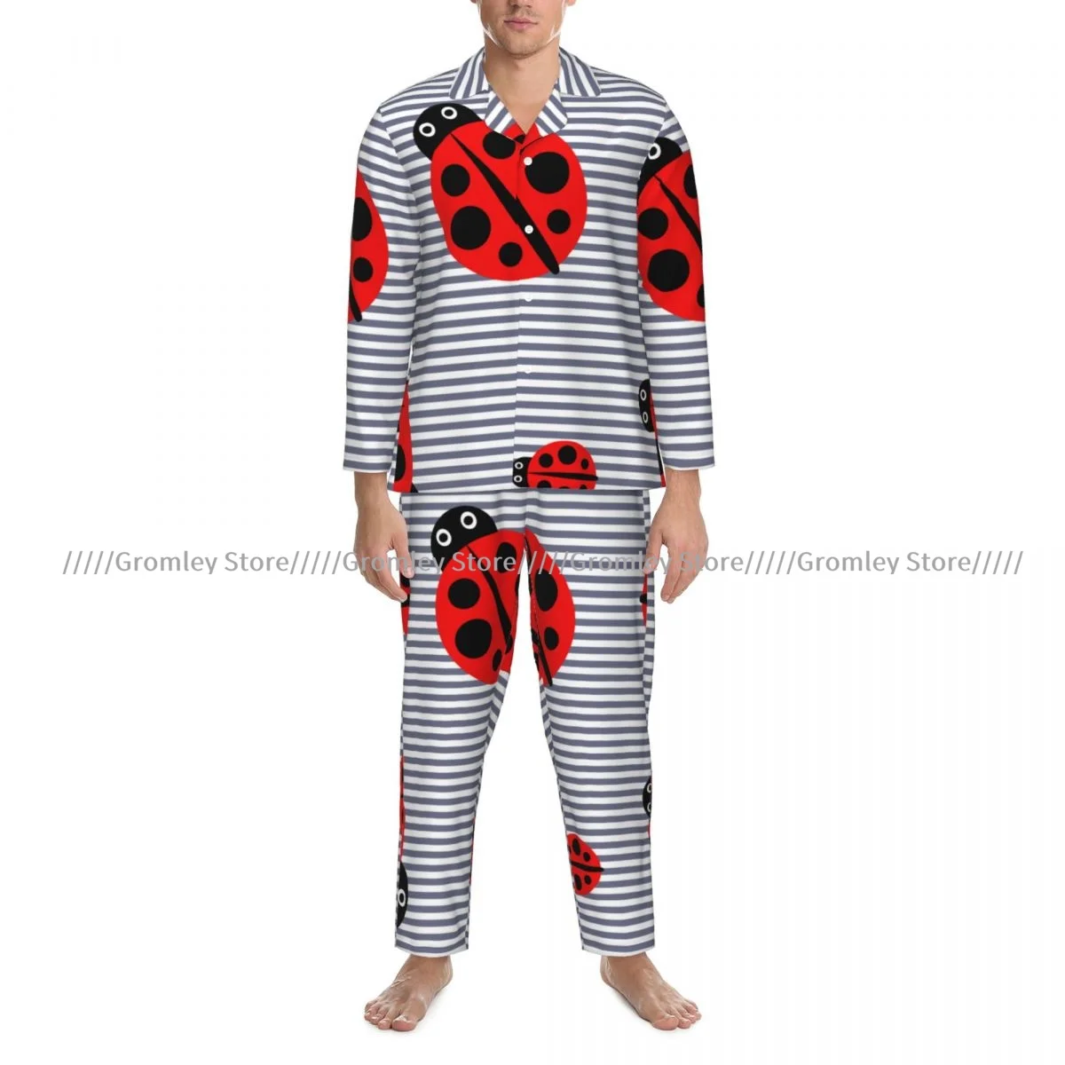 Carton Ladybug Men Pajamas Long Sleeve Male Sleepwear Suit Set Homewear