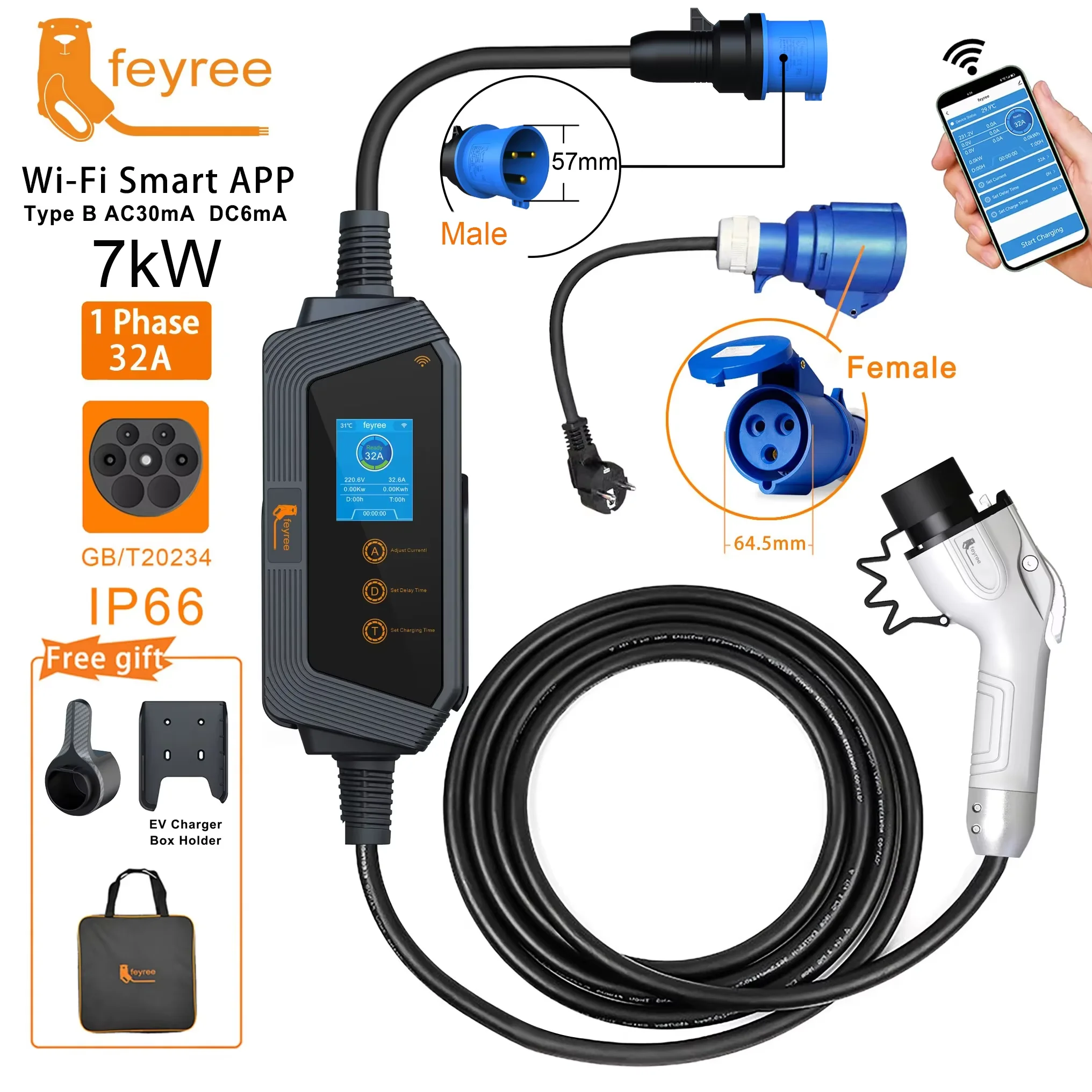 Feyree 7KW 32A Adjustable EV Charger GBT Socket APP Bluetooth Version Set Charging Time EVSE Charging Box for Electric Vehicle